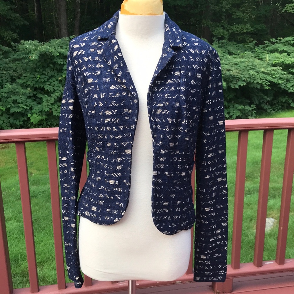 Maison Jules small navy lace blazer with ruffled hem.